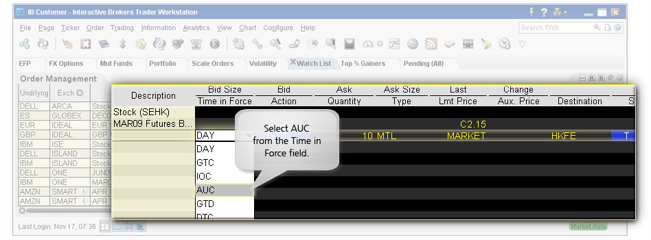 Auction Orders example for pre market trades