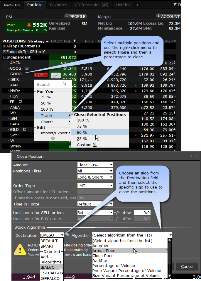 Use algos to close positions